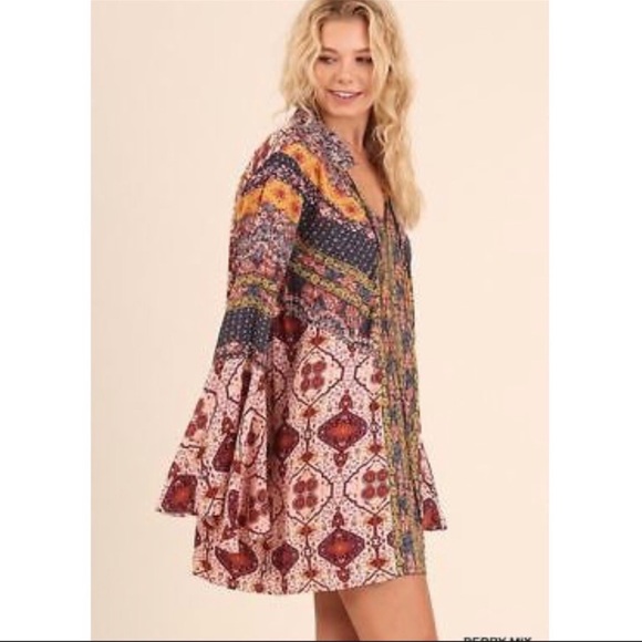 UMGEE Boho Bell Sleeve Multi Print Dress Size Small - Picture 1 of 11